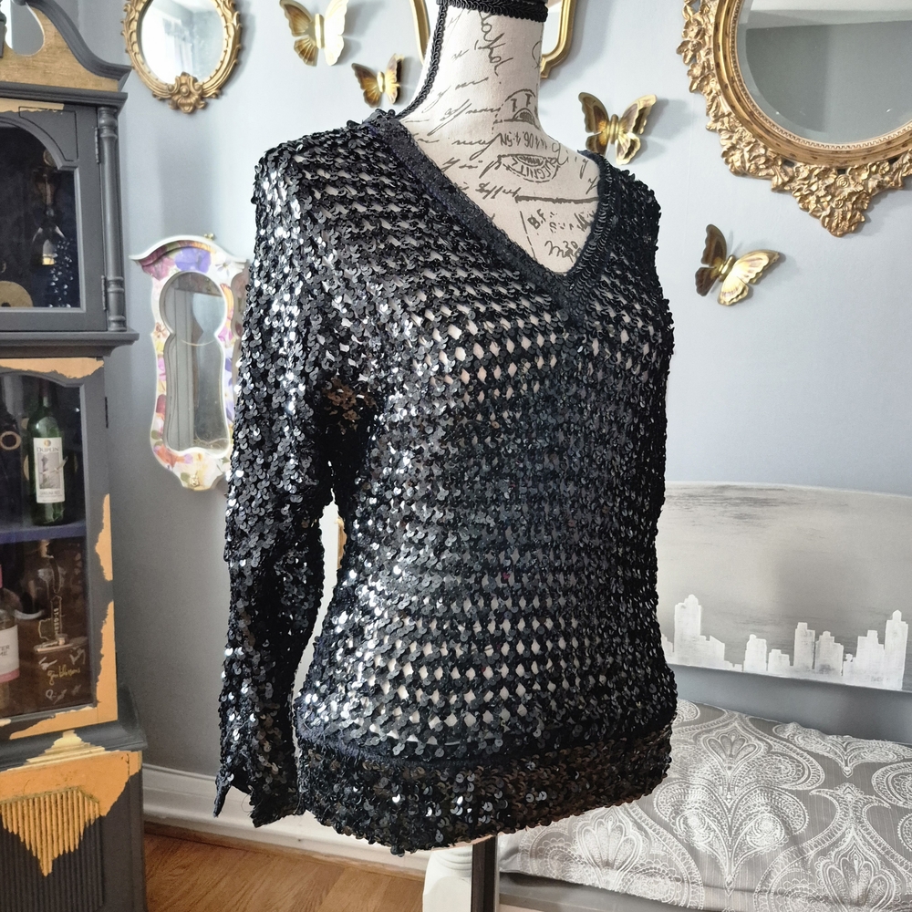 Vintage 80s Black Sequin Indie Sleaze V-Neck Sweater Small